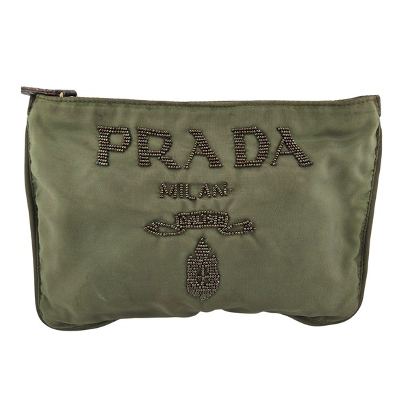 Prada Handbags - Prada Olive Green Nylon Beaded Logo Pouch Makeup Bag Clutch Milano Italy